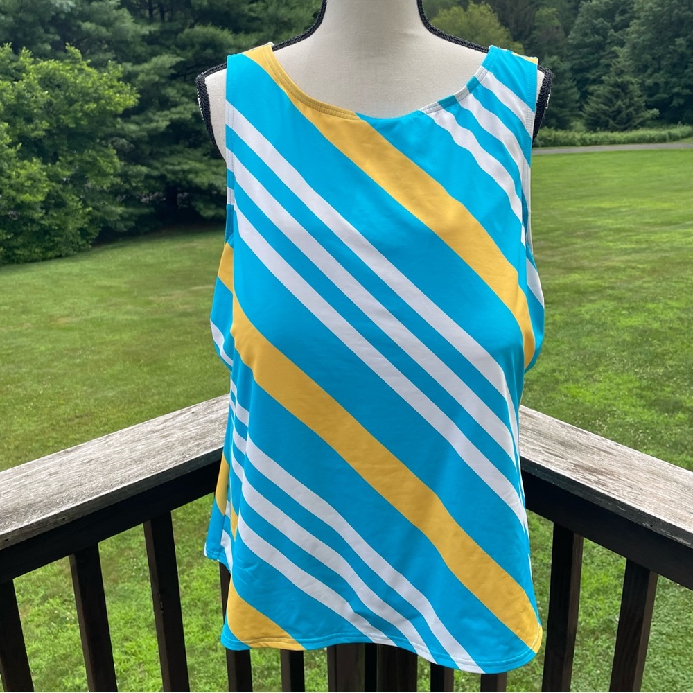 Lands End tankini swimsuit top high neck modest striped blue yellow plus 22 22W